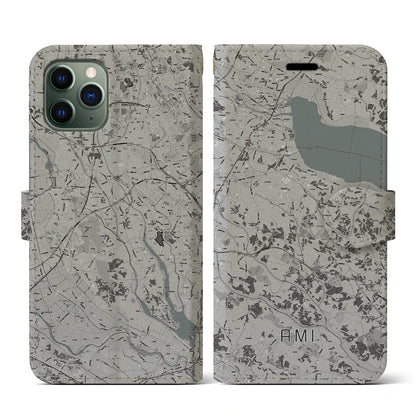 【阿見（茨城県）】地図柄iPhoneケース（手帳タイプ）モノトーン・iPhone 11 Pro 用