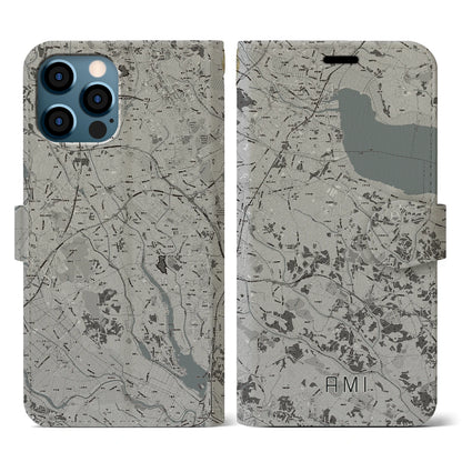 【阿見（茨城県）】地図柄iPhoneケース（手帳タイプ）モノトーン・iPhone 12 / 12 Pro 用