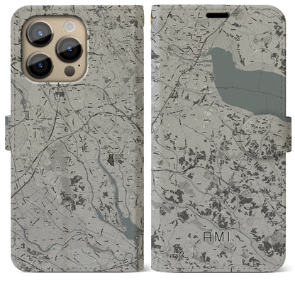 【阿見（茨城県）】地図柄iPhoneケース（手帳タイプ）モノトーン・iPhone 14 Pro Max 用