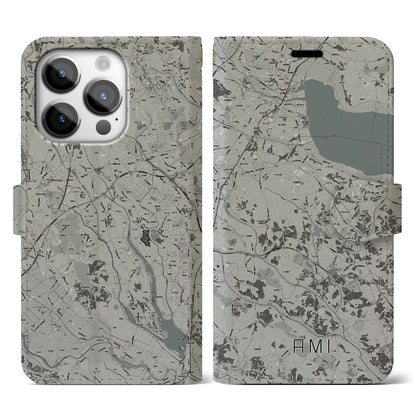 【阿見（茨城県）】地図柄iPhoneケース（手帳タイプ）モノトーン・iPhone 14 Pro 用