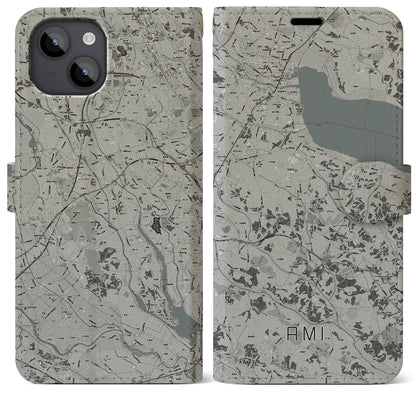 【阿見（茨城県）】地図柄iPhoneケース（手帳タイプ）モノトーン・iPhone 14 Plus 用