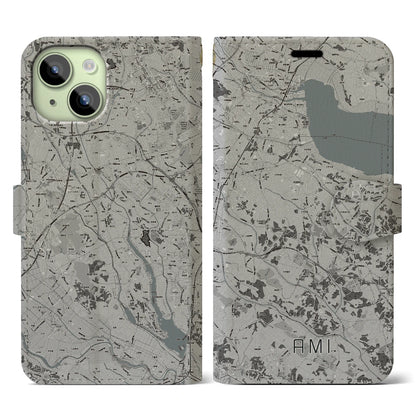 【阿見（茨城県）】地図柄iPhoneケース（手帳タイプ）モノトーン・iPhone 15 用