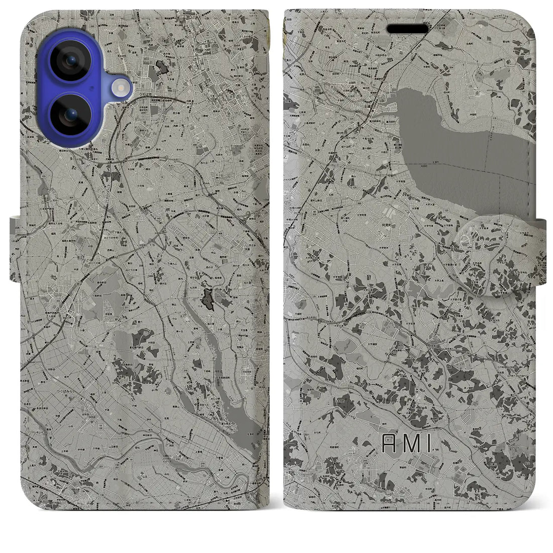 【阿見(茨城県)】地図柄iPhoneケース(手帳タイプ)モノトーン・iPhone 16 Pro Max 用