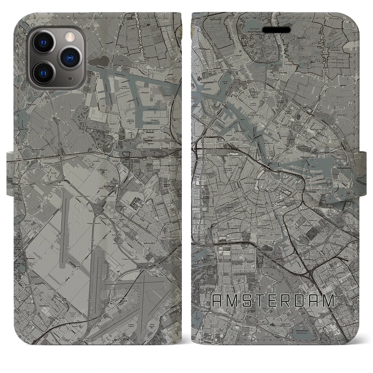 【アムステルダム】地図柄iPhoneケース（手帳両面タイプ・モノトーン）iPhone 11 Pro Max 用