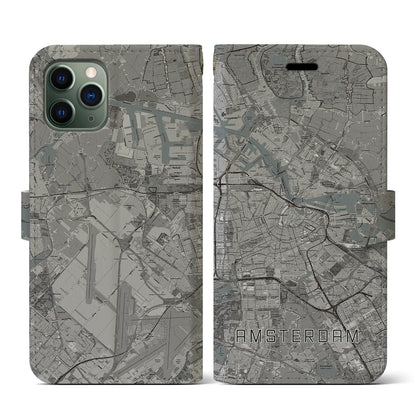 【アムステルダム（オランダ）】地図柄iPhoneケース（手帳タイプ）モノトーン・iPhone 11 Pro 用
