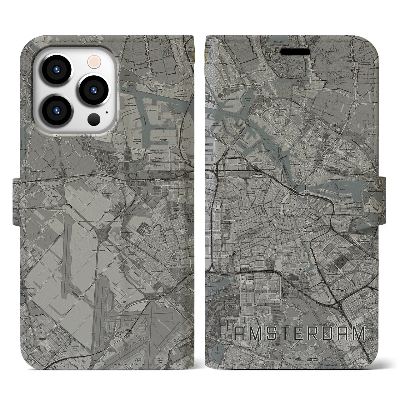 【アムステルダム】地図柄iPhoneケース（手帳両面タイプ・モノトーン）iPhone 13 Pro 用