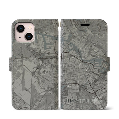 【アムステルダム（オランダ）】地図柄iPhoneケース（手帳タイプ）モノトーン・iPhone 13 mini 用