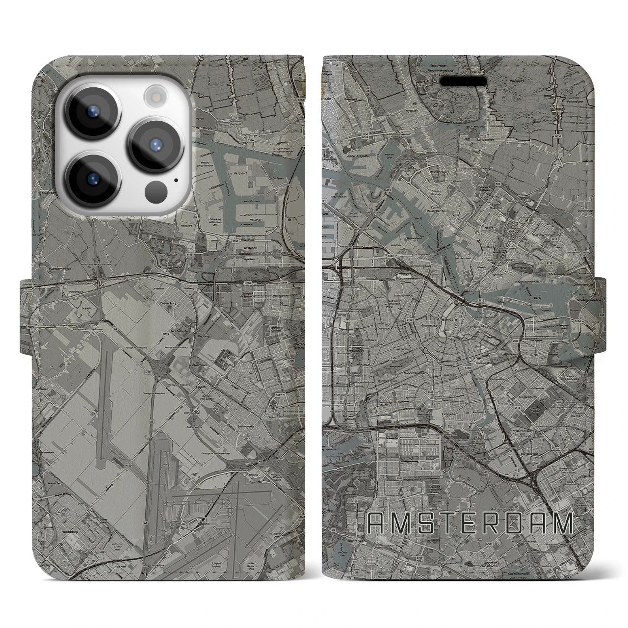 【アムステルダム】地図柄iPhoneケース（手帳両面タイプ・モノトーン）iPhone 14 Pro 用