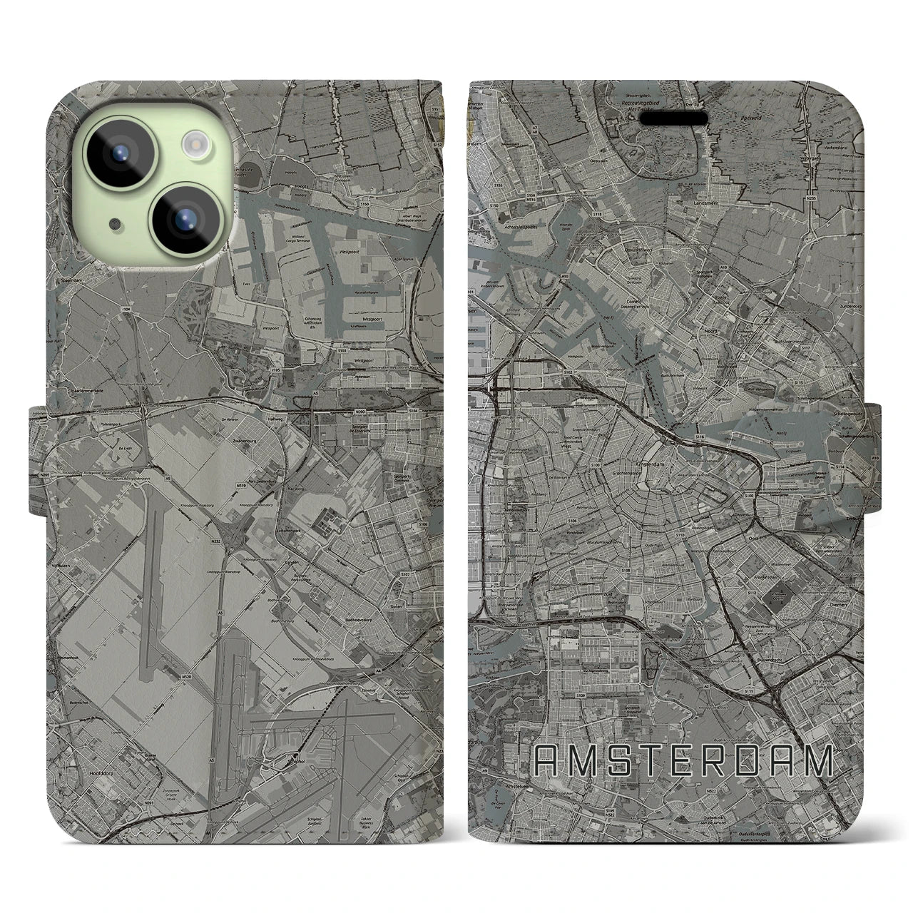 【アムステルダム】地図柄iPhoneケース（手帳両面タイプ・モノトーン）iPhone 15 用