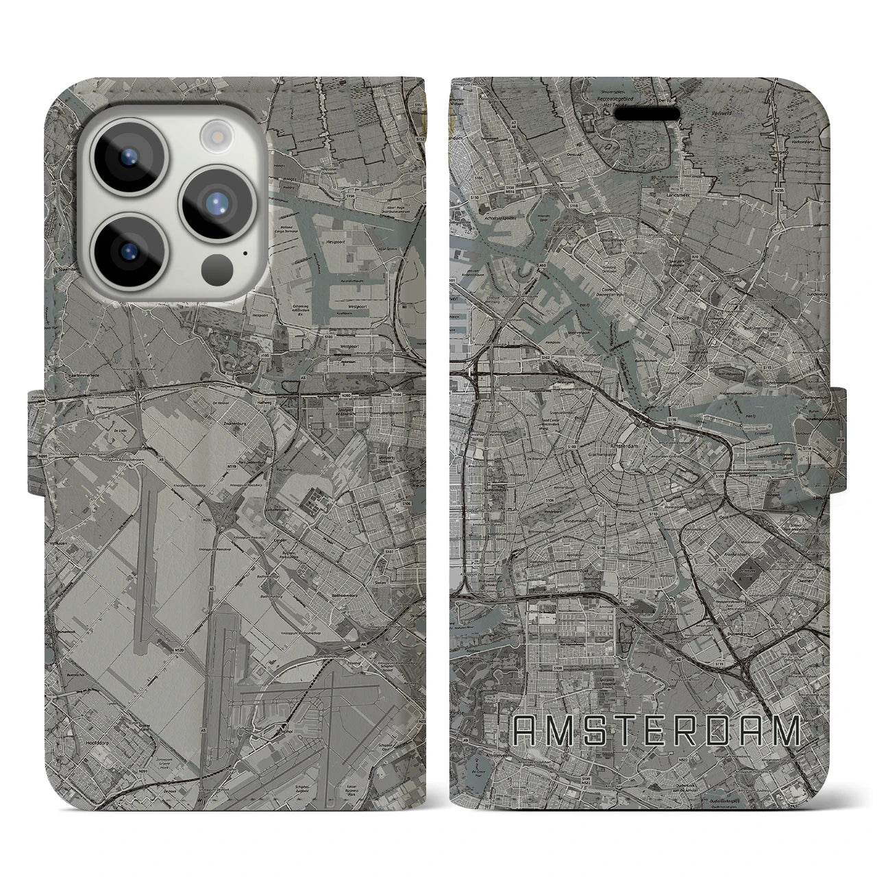【アムステルダム】地図柄iPhoneケース（手帳両面タイプ・モノトーン）iPhone 15 Pro 用