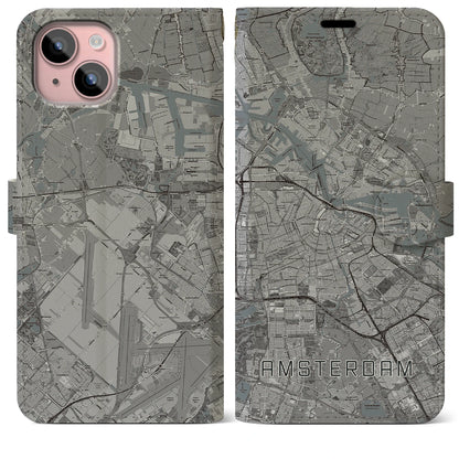 【アムステルダム（オランダ）】地図柄iPhoneケース（手帳タイプ）モノトーン・iPhone 15 Plus 用