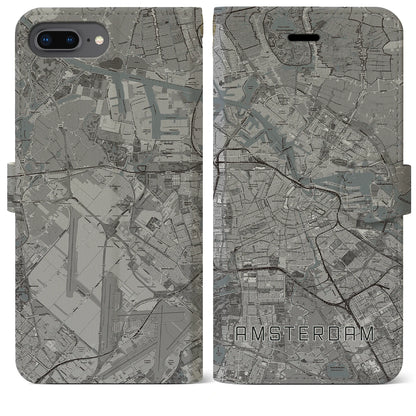 【アムステルダム（オランダ）】地図柄iPhoneケース（手帳タイプ）モノトーン・iPhone 8Plus /7Plus / 6sPlus / 6Plus 用