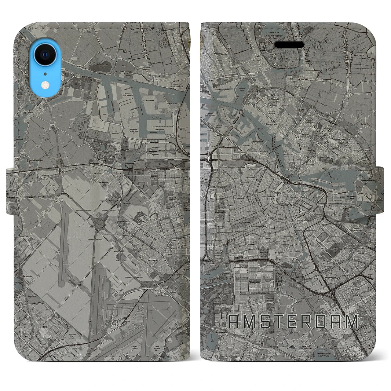【アムステルダム】地図柄iPhoneケース（手帳両面タイプ・モノトーン）iPhone XR 用