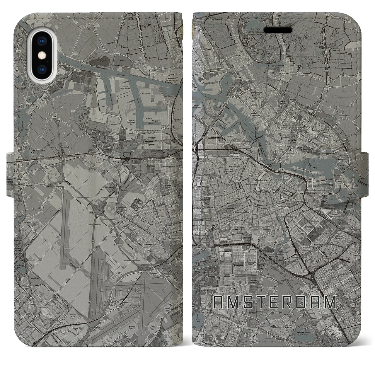 【アムステルダム】地図柄iPhoneケース（手帳両面タイプ・モノトーン）iPhone XS Max 用