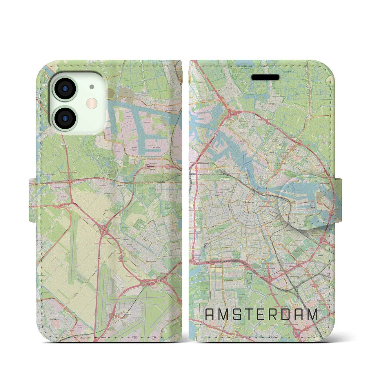 【アムステルダム】地図柄iPhoneケース（手帳両面タイプ・ナチュラル）iPhone 12 mini 用