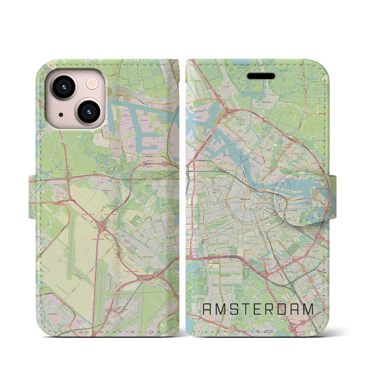 【アムステルダム】地図柄iPhoneケース（手帳両面タイプ・ナチュラル）iPhone 13 mini 用