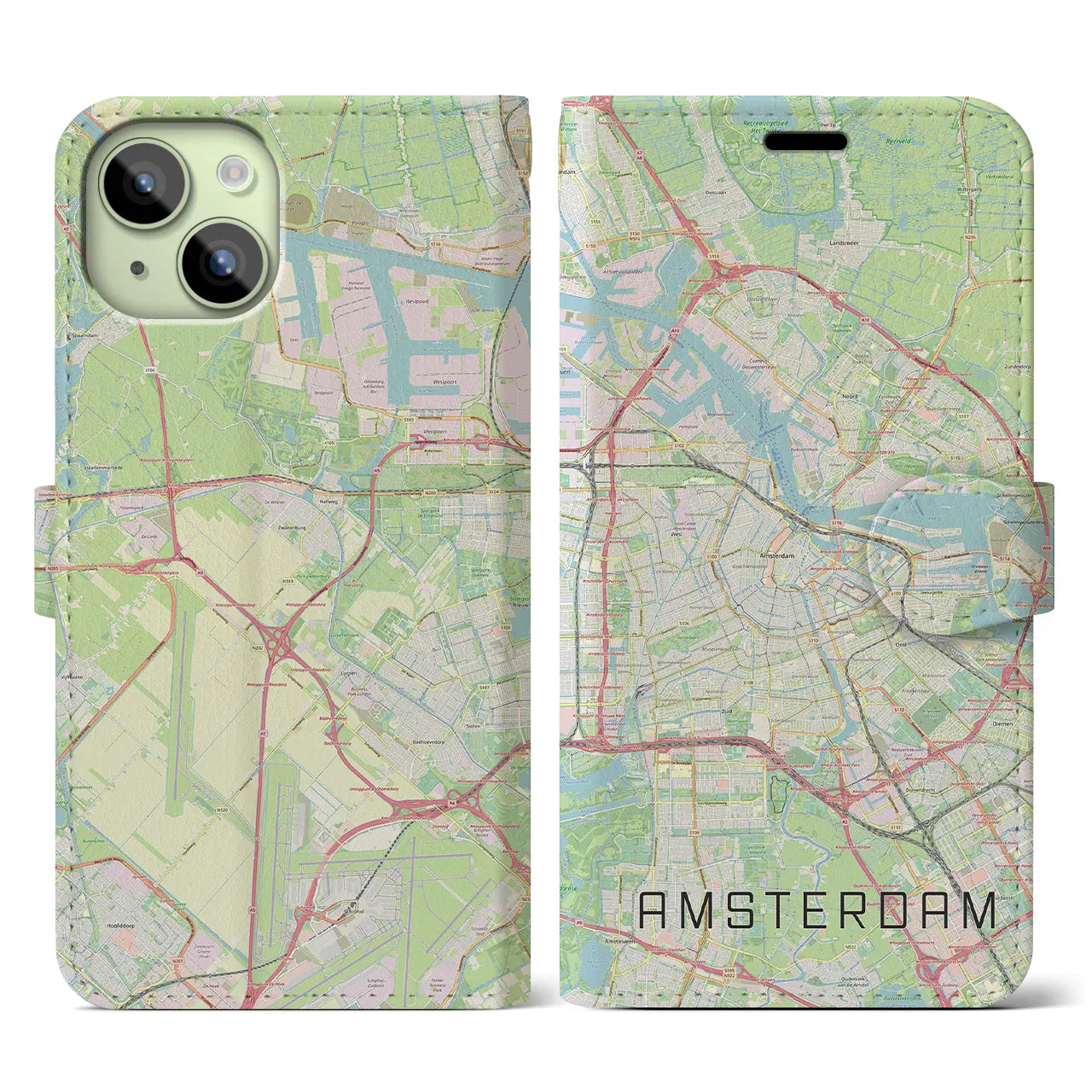 【アムステルダム】地図柄iPhoneケース（手帳両面タイプ・ナチュラル）iPhone 15 用