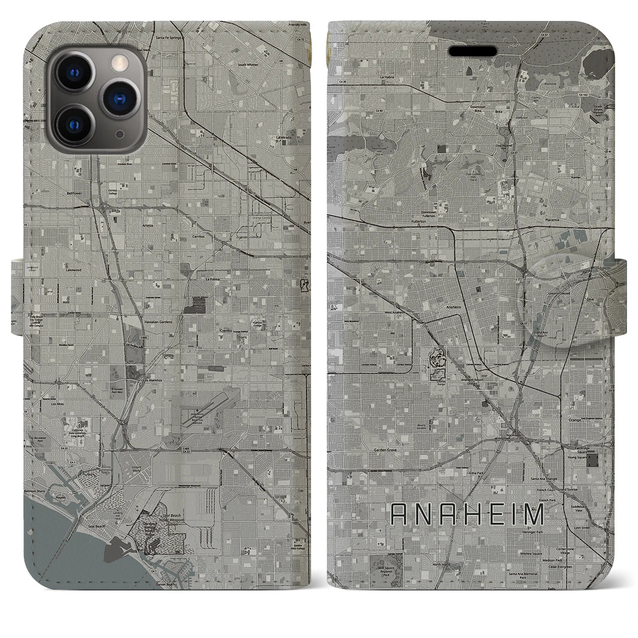 【アナハイム】地図柄iPhoneケース（手帳両面タイプ・モノトーン）iPhone 11 Pro Max 用