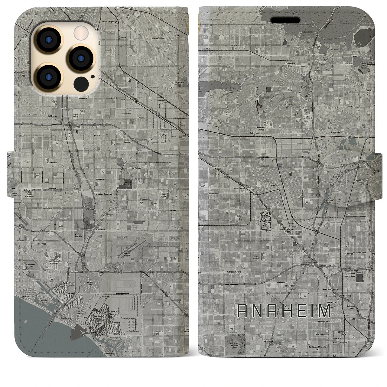 【アナハイム】地図柄iPhoneケース（手帳両面タイプ・モノトーン）iPhone 12 Pro Max 用