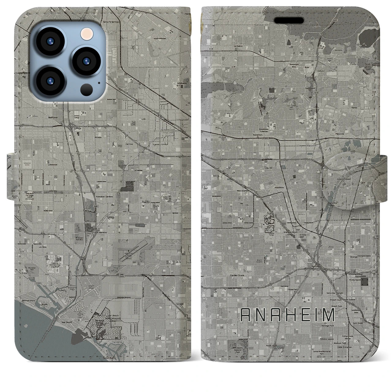 【アナハイム】地図柄iPhoneケース（手帳両面タイプ・モノトーン）iPhone 13 Pro Max 用