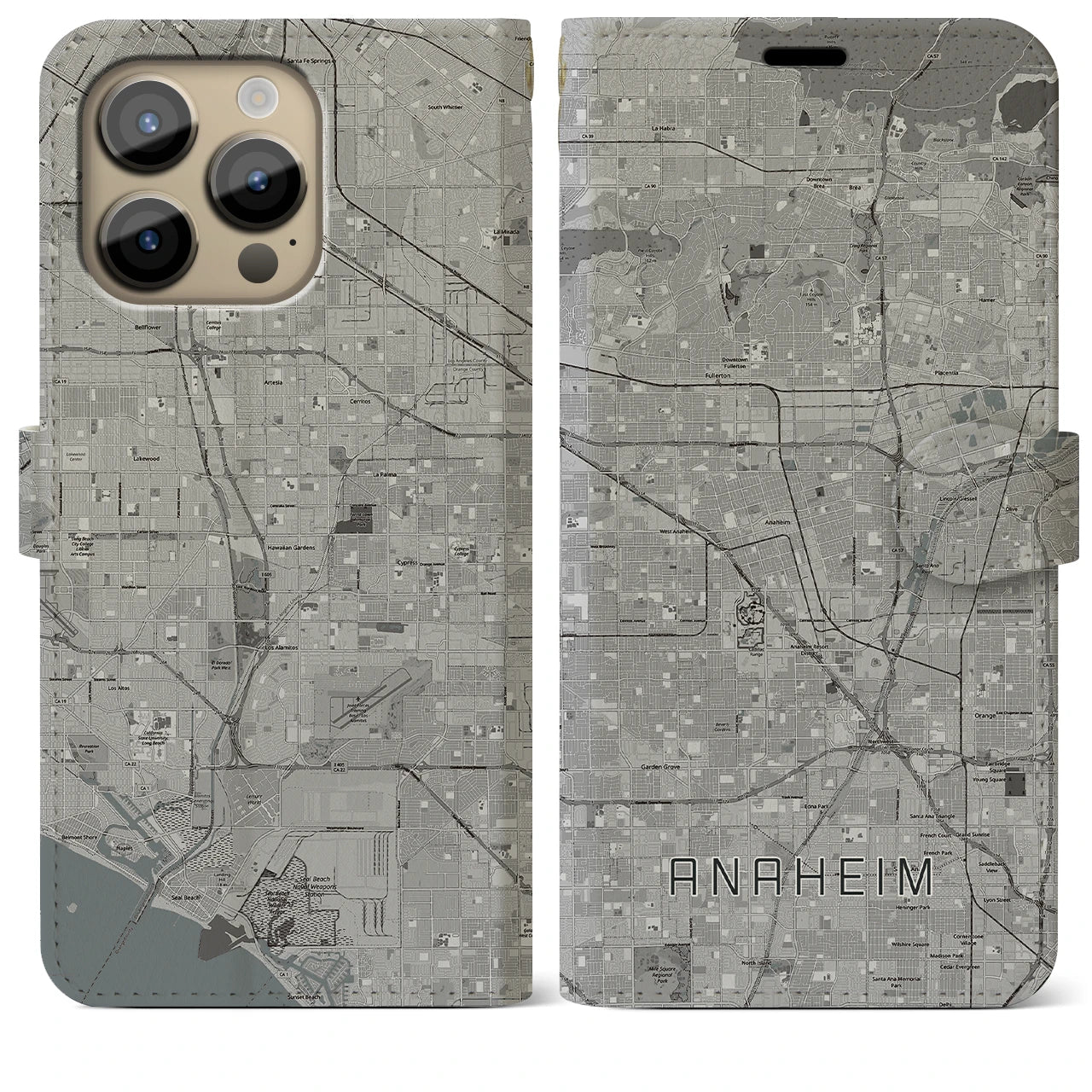 【アナハイム】地図柄iPhoneケース（手帳両面タイプ・モノトーン）iPhone 14 Pro Max 用