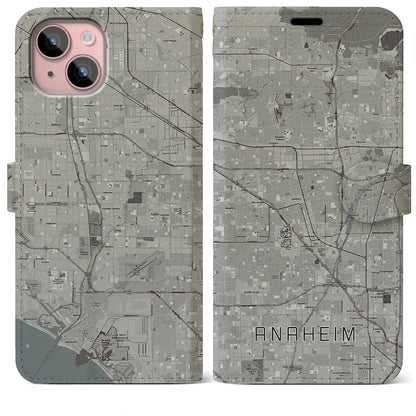 【アナハイム（アメリカ）】地図柄iPhoneケース（手帳タイプ）モノトーン・iPhone 15 Plus 用