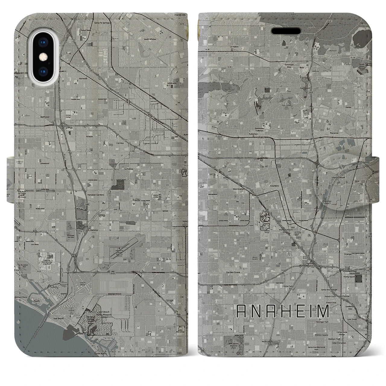 【アナハイム】地図柄iPhoneケース（手帳両面タイプ・モノトーン）iPhone XS Max 用