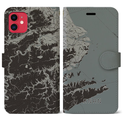 【阿南（徳島県）】地図柄iPhoneケース（手帳タイプ）モノトーン・iPhone 11 用