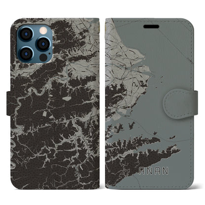 【阿南（徳島県）】地図柄iPhoneケース（手帳タイプ）モノトーン・iPhone 12 / 12 Pro 用