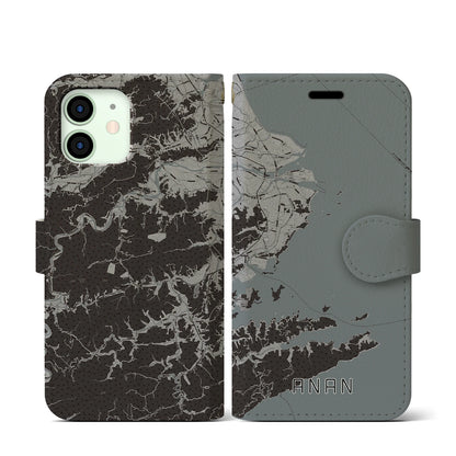 【阿南（徳島県）】地図柄iPhoneケース（手帳タイプ）モノトーン・iPhone 12 mini 用