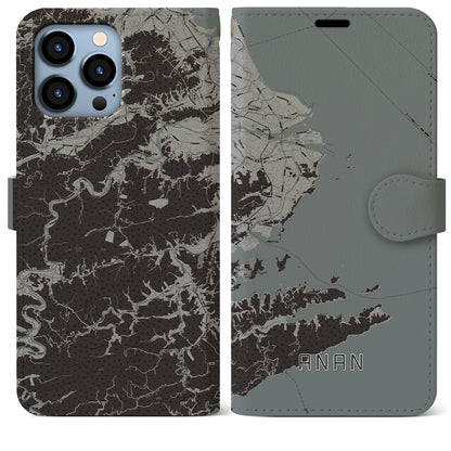 【阿南（徳島県）】地図柄iPhoneケース（手帳タイプ）モノトーン・iPhone 13 Pro Max 用