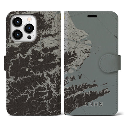 【阿南（徳島県）】地図柄iPhoneケース（手帳タイプ）モノトーン・iPhone 13 Pro 用