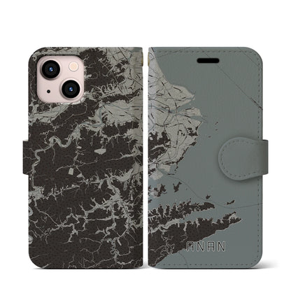 【阿南（徳島県）】地図柄iPhoneケース（手帳タイプ）モノトーン・iPhone 13 mini 用
