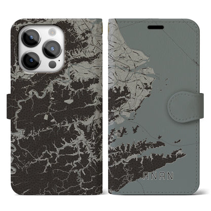 【阿南（徳島県）】地図柄iPhoneケース（手帳タイプ）モノトーン・iPhone 14 Pro 用
