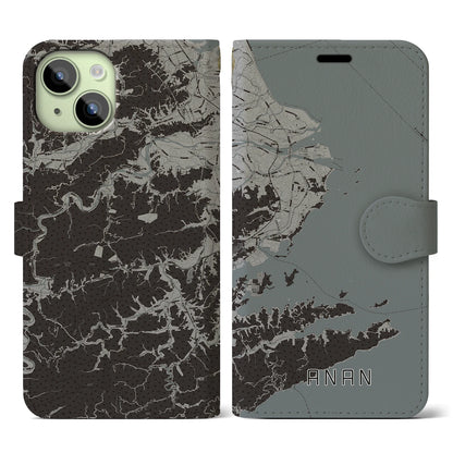 【阿南（徳島県）】地図柄iPhoneケース（手帳タイプ）モノトーン・iPhone 15 用