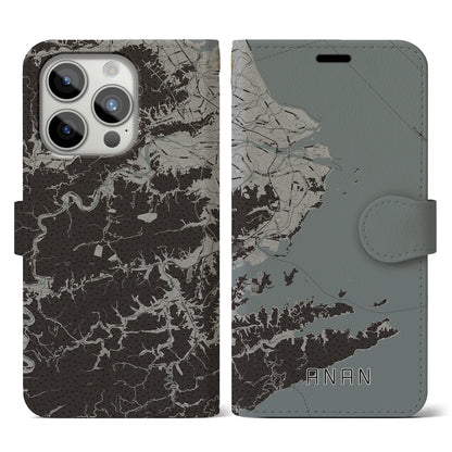 【阿南（徳島県）】地図柄iPhoneケース（手帳タイプ）モノトーン・iPhone 15 Pro 用