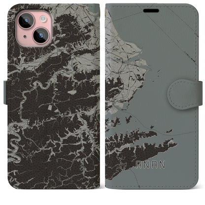 【阿南（徳島県）】地図柄iPhoneケース（手帳タイプ）モノトーン・iPhone 15 Plus 用