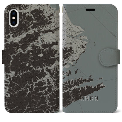 【阿南（徳島県）】地図柄iPhoneケース（手帳タイプ）モノトーン・iPhone XS Max 用