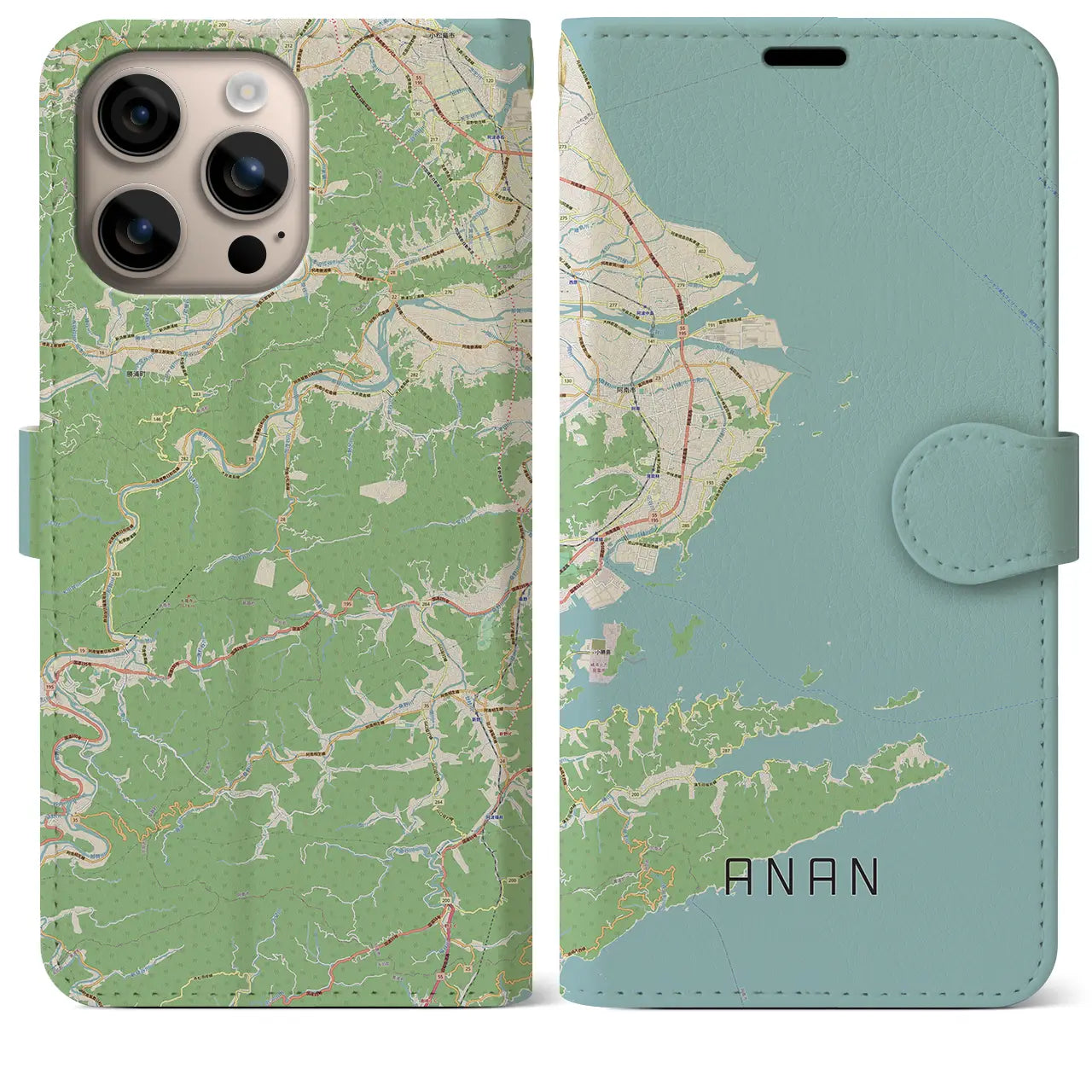 【阿南（徳島県）】地図柄iPhoneケース（手帳タイプ）ナチュラル・iPhone 16 Plus 用