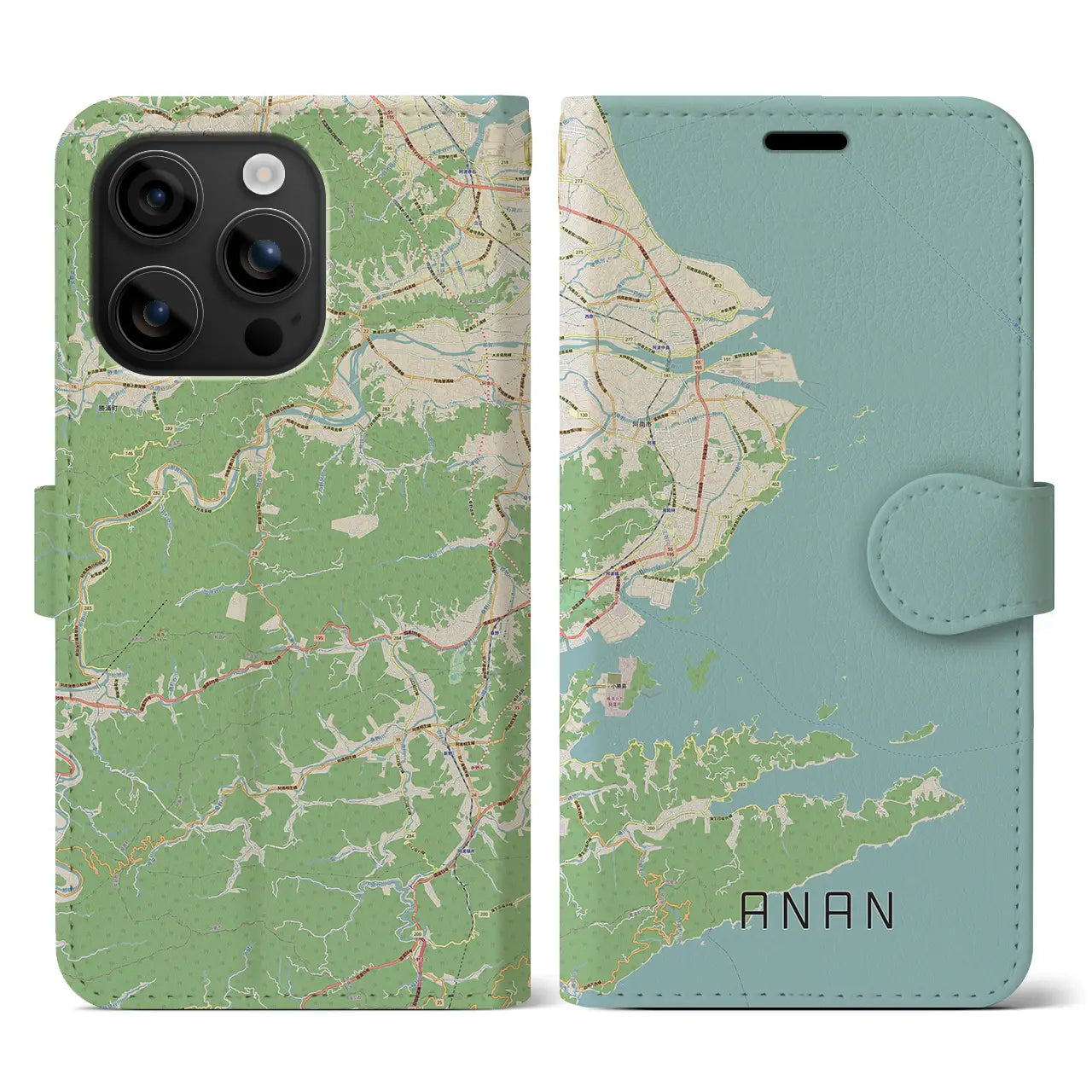 【阿南（徳島県）】地図柄iPhoneケース（手帳タイプ）ナチュラル・iPhone 16 用