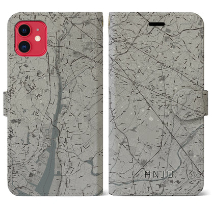 【安城（愛知県）】地図柄iPhoneケース（手帳タイプ）モノトーン・iPhone 11 用