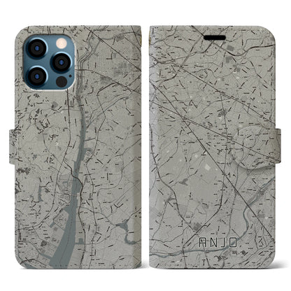 【安城（愛知県）】地図柄iPhoneケース（手帳タイプ）モノトーン・iPhone 12 / 12 Pro 用