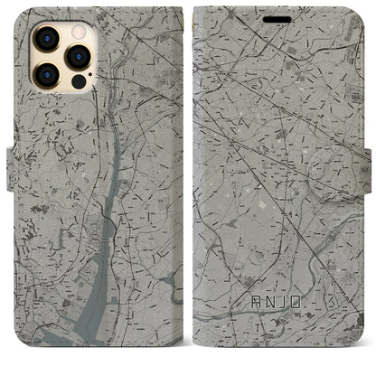 【安城（愛知県）】地図柄iPhoneケース（手帳タイプ）モノトーン・iPhone 12 Pro Max 用