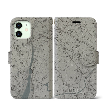 【安城（愛知県）】地図柄iPhoneケース（手帳タイプ）モノトーン・iPhone 12 mini 用