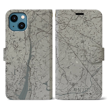 【安城（愛知県）】地図柄iPhoneケース（手帳タイプ）モノトーン・iPhone 13 用