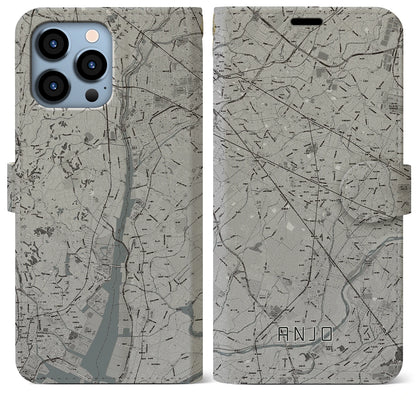 【安城（愛知県）】地図柄iPhoneケース（手帳タイプ）モノトーン・iPhone 13 Pro Max 用
