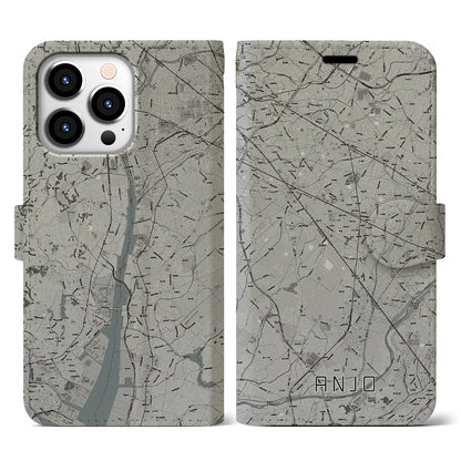 【安城（愛知県）】地図柄iPhoneケース（手帳タイプ）モノトーン・iPhone 13 Pro 用
