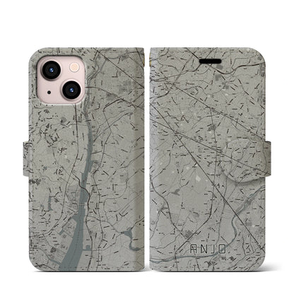 【安城（愛知県）】地図柄iPhoneケース（手帳タイプ）モノトーン・iPhone 13 mini 用