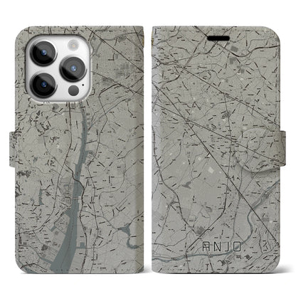 【安城（愛知県）】地図柄iPhoneケース（手帳タイプ）モノトーン・iPhone 14 Pro 用