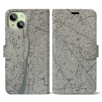 【安城（愛知県）】地図柄iPhoneケース（手帳タイプ）モノトーン・iPhone 15 用